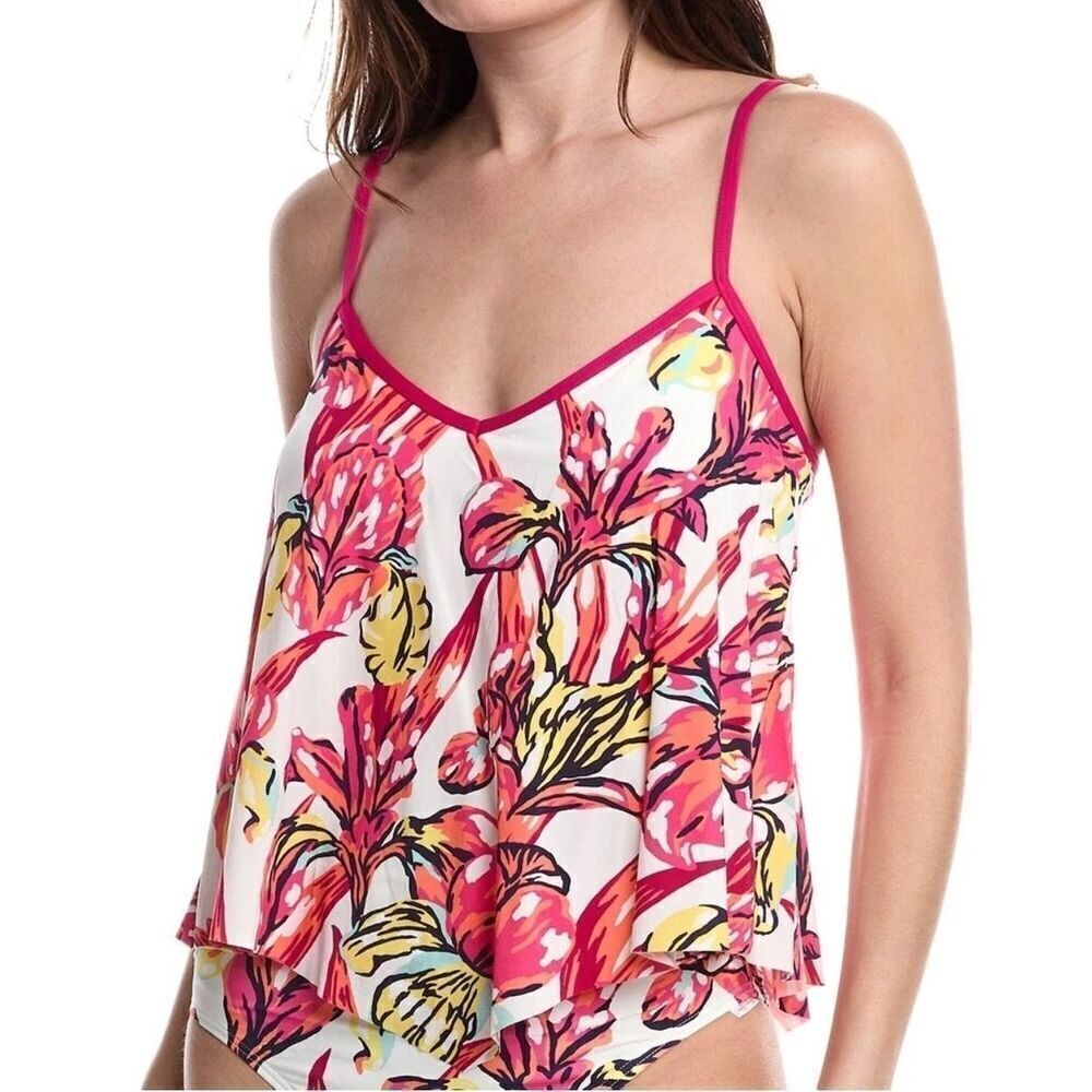 Carmen Marc Valvo Tankini Hibiscus Womens Swim Top White Pink Size M New $114